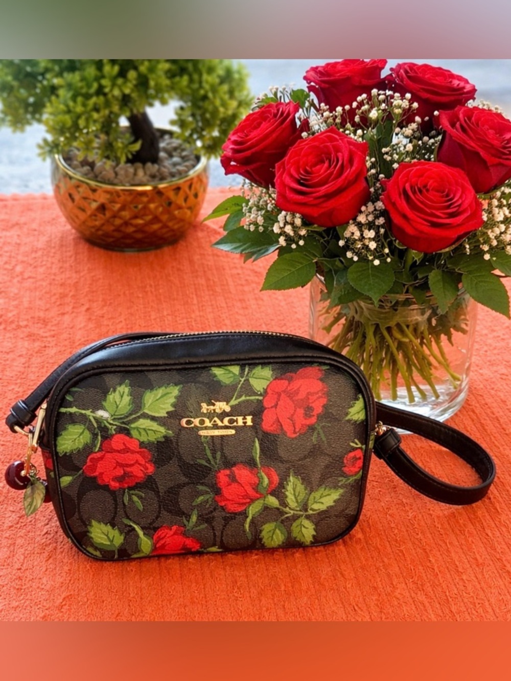 Coach Black Floral Crossbody Bag with Red Roses - Picture 3 of 15